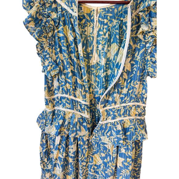 ULLA JOHNSON Endah Playsuit Blue & Yellow Lanai Size 10 Ruffles Frills Floral - Picture 10 of 11